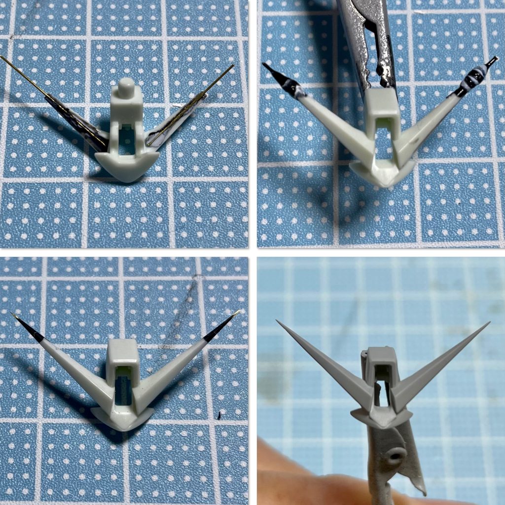 アンテナのシャープ化です。0.3mmの真鍮線を仕込んで、瞬間カラーパテを盛って、ヤスってます。怪我するくらいピンピンになりました。