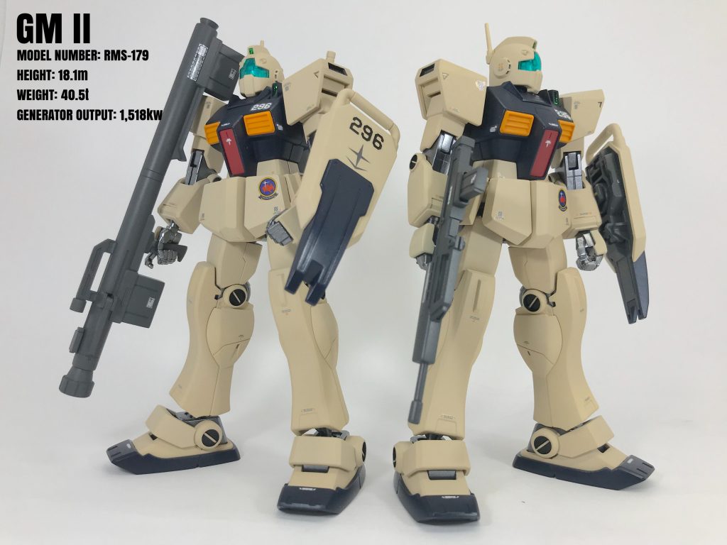 (機体No.295と296)僚機のノーマルジムⅡ君達です。UC版に準拠する為、武装をジムライフルとジェガンバズーカにし、シールドを陸戦型ジムから流用しました。