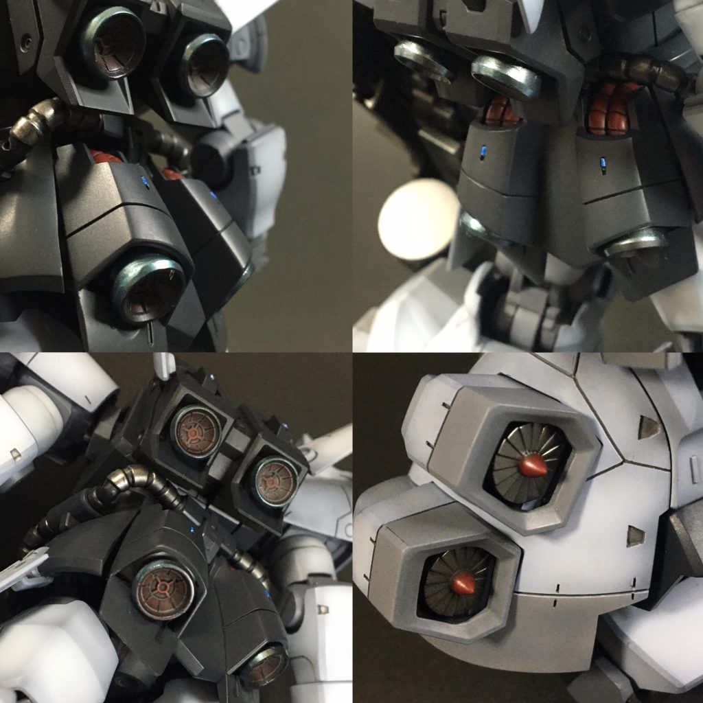 バーニア 、ファンなどは粒子の違うメタリックを重ね塗りして独特の光沢感を出し、フラットブラックを少し重ねる事でスス汚れを表現しました。