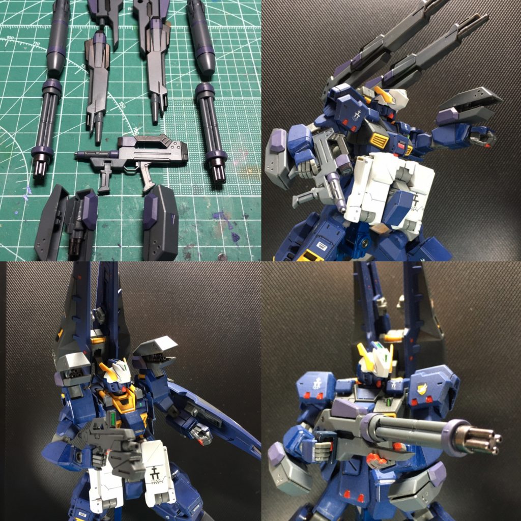 ④HGBC パワードアームズパワーダ―。再販品を奇跡的に入手できたので、待望の購入＆製作。3mm軸接続で大型ライフル/ガトリングガン/大型ミサイルに換装できます。基部パーツは3mm穴を上手く使えばアドバンスドヘイズルのマルチ・コネクター・ポッドに接続できます。また、グリップを装着して手持ち武器としても使えます。　腕部ガトリングガンとマシンガンも抜かりなく用意。