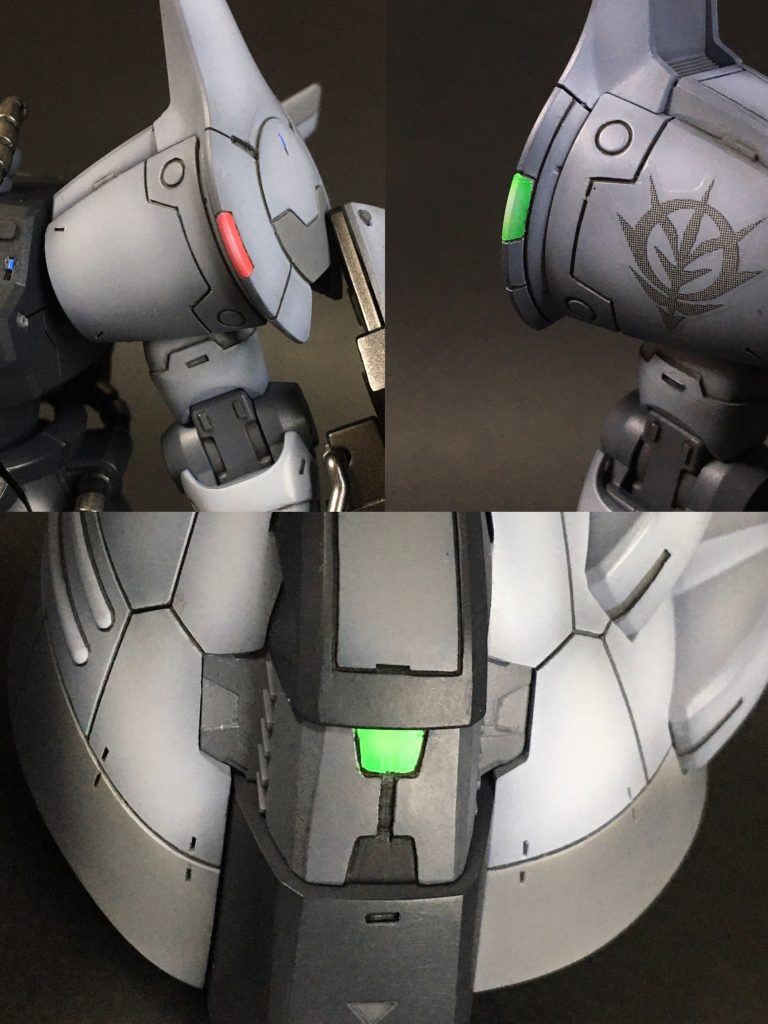 肩の航行灯などは細かいグラデーション塗装にて発光表現に挑戦してみました。