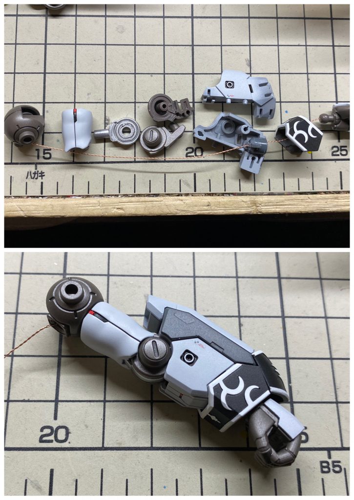 稼働を一切殺さず、手首へ給電するために完成後に配線を通していきます。