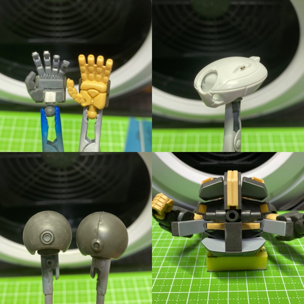 主な工作。ハンドパーツは市販のものと交換。頭部バルカンはメタルパーツに置き換えています。合わせ目の多いキットだったので各所の合わせ目消し、丸モールドは市販パーツでディテールアップ。アーマー裏や足裏はプラ板とパテで埋めました。