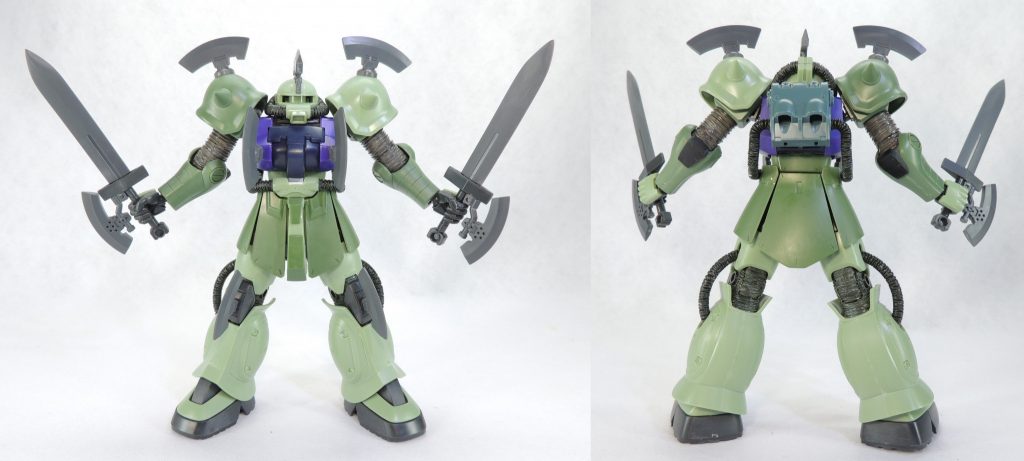 ラストを飾るザクⅡのベースキットは、サンダーボルト版ザクです。胸部のみ、ザク2FⅡを使用。ランドセルはオリジンザクの余剰部品を流用。使用したヒートホークは、本体7本、武装2本、合わせて9本となりました。おそらく、ガンプラユーザーさんやザク好きのモデラーさんのお宅には、未使用のヒートホークが大量に眠っている?ものと思われますが、今回は家中を捜索してかき集めました。ヒートホークは、キットによって形状や大きさが異なるため、左右対称になるように気を付けながら接着していきました。