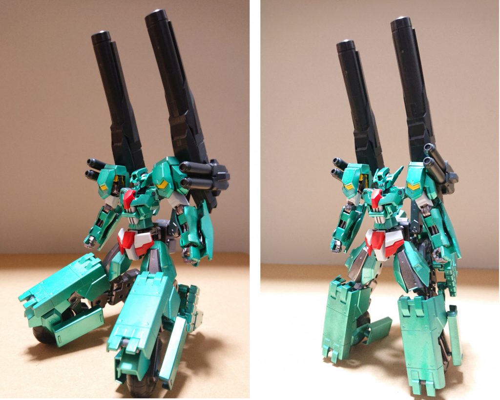 武装と頭部を装着した状態。機動力と火力で敵を翻弄する設定です。更にスタンディングモードにも変形可能で、脚装甲にはクロ―が仕込まれている。