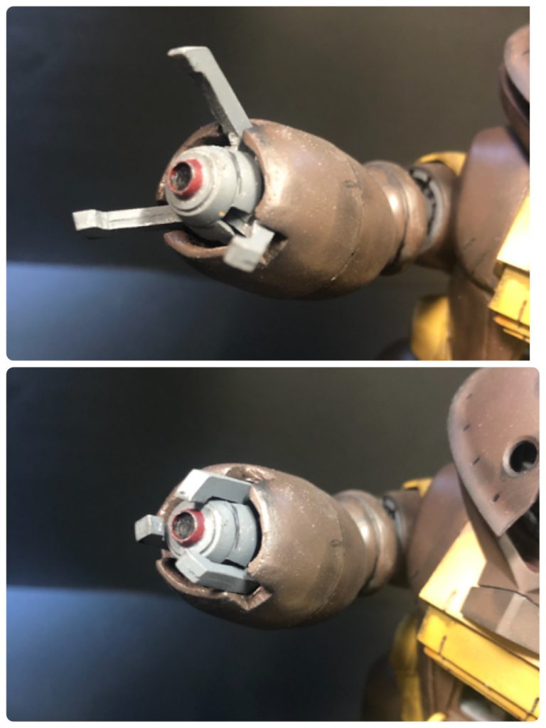 ギミック1。指がどうなってるのか良くわからなかったので腕に格納出来るようにしました。かろうじてアックスも握れます。