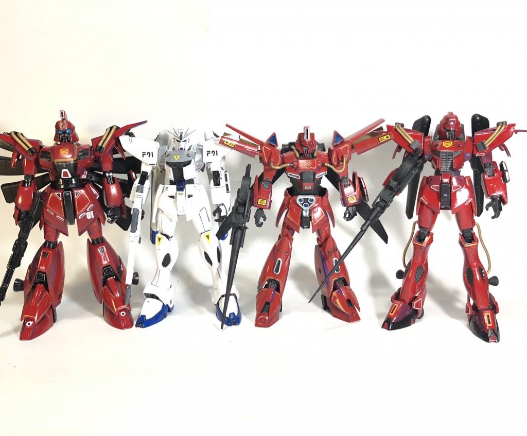 最後にF91を添えて妄想クロスボーン・バンガード大分揃って来ました。これにベルガギロス、デナン・ゾンも加えたい。赤の戦隊中々だ！