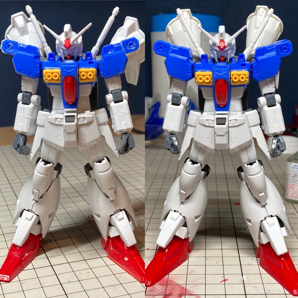 ベースはＨＧＵＣ。主な加工は、腹部の延長、肩バーニアの短縮と収納状態への転換、スリッパを旧キットに、胸バーニアを収納状態に、ビームサーベルの旧キットとのミックス、頬あての延長、首を後ろに移動、前腕の延長といったところです。