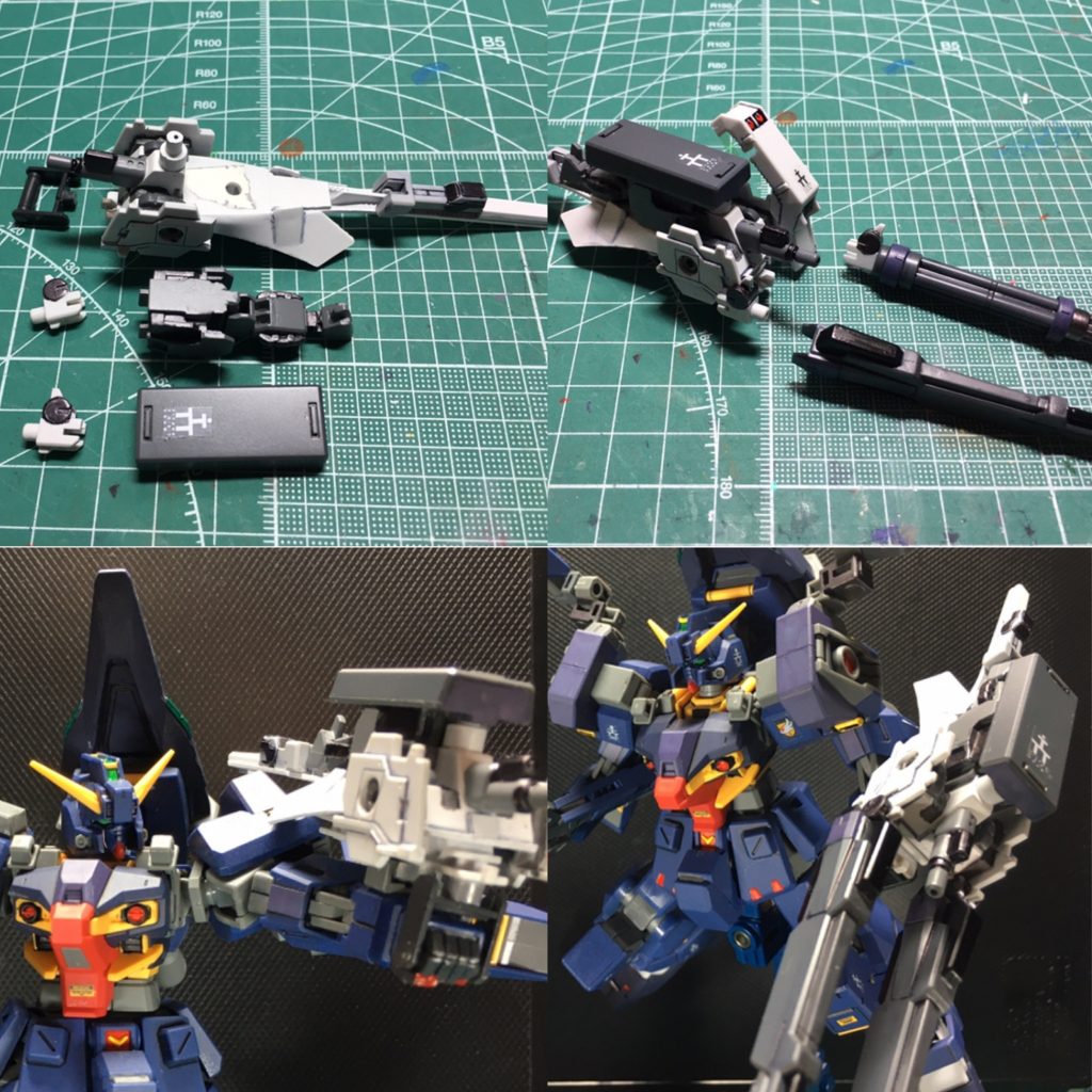 ③メガ粒子砲装備シールド。ジャンクパーツ主体に構成しています。左右にプリムローズのウィングバインダーを装着し、チャフランチャーや後述のパワードアームズパワーダ―も使用して武装強化できます。