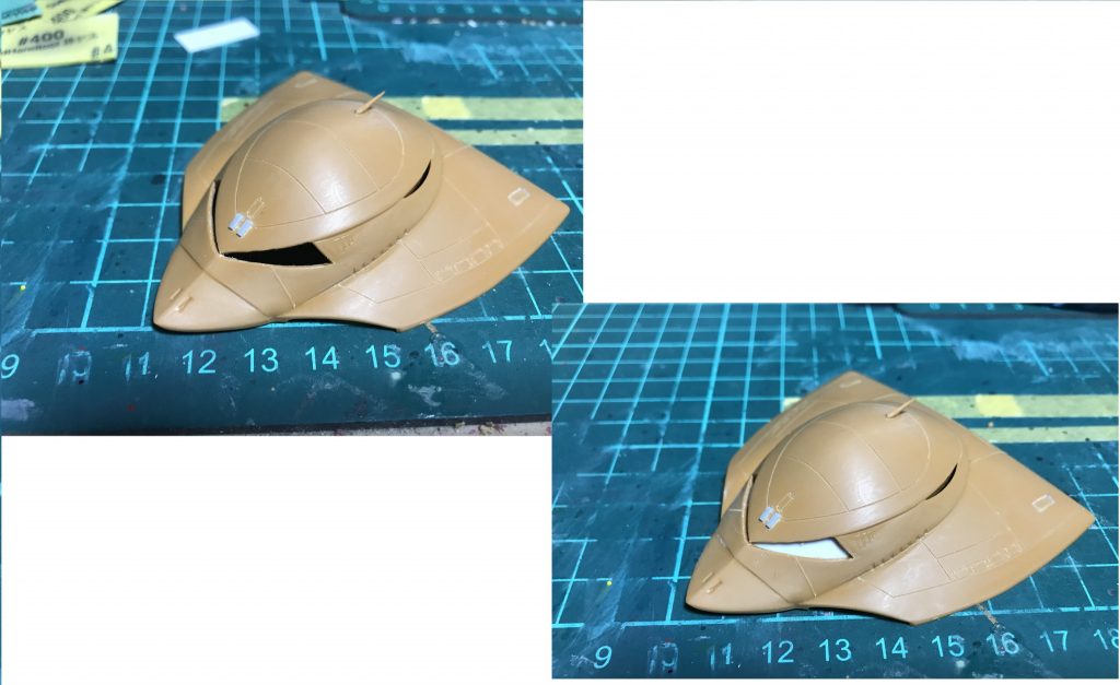 モールドについては元々あるものが薄いので彫り直し+若干、新規で彫りました。モノアイレールは、くり抜きプラ板を裏から貼り付けました。