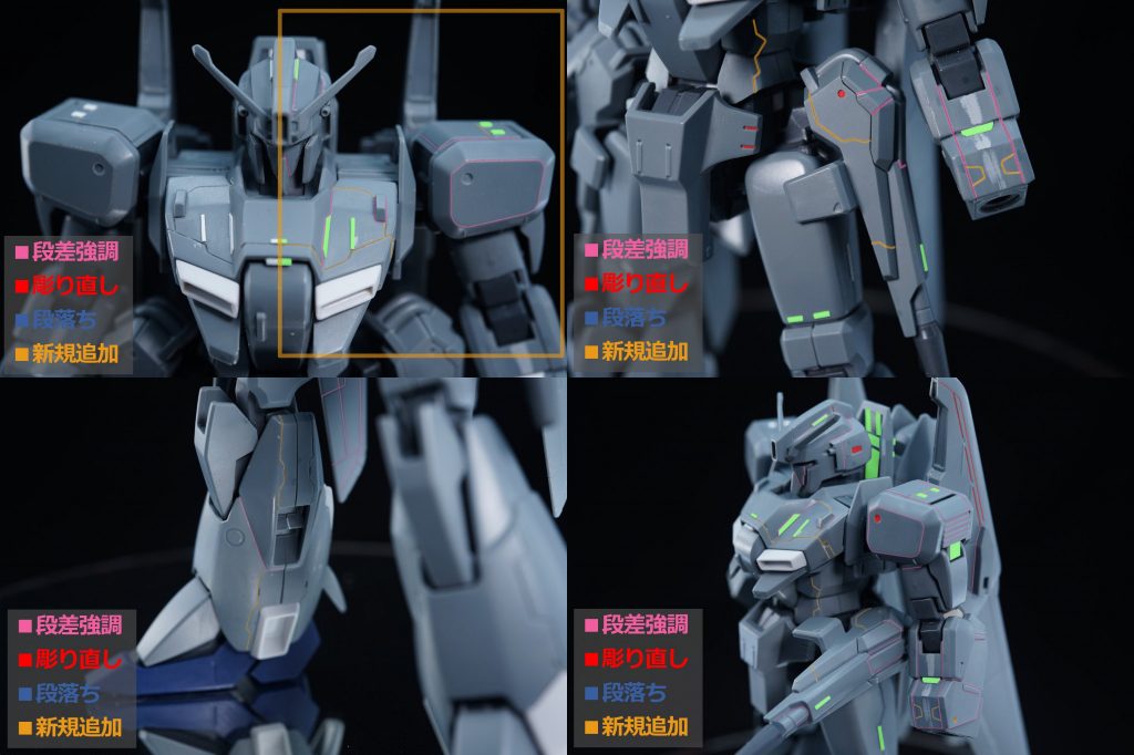 ・各部のスジボリとプラチップ貼り付け一番時間がかかったのはこの工程ですね。スジの太さを変えたりプラ片の幅や厚みを変えて表情を出しました。ディテールアップは『セイラマスオ氏』を参考にしています。