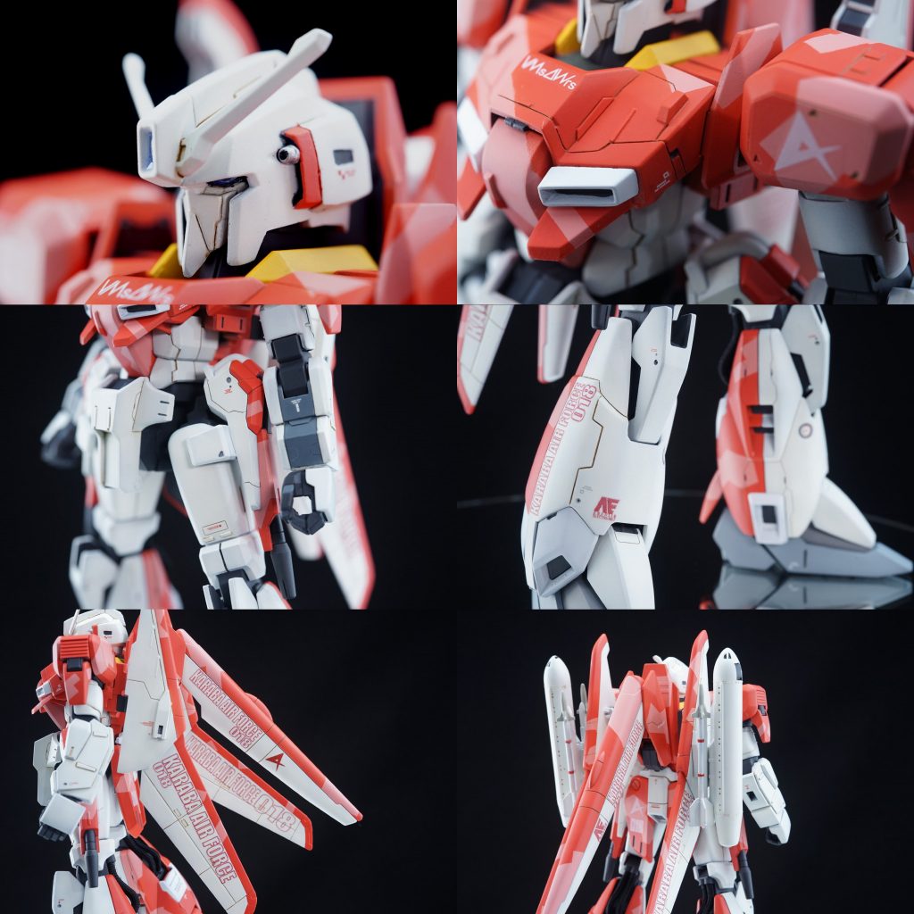 ・各部のアップ頭部は後ハメ加工ついでにフェイスを0.5mm奥に移動して、頭頂部を削って扁平にしています。胸部は一番手を入れた部分です。筋の太さやプラ片の幅・厚みを変えて表情を出すように心がけたものの、WR形態の分も同じ作業をしないといけない事に気付いて絶望したのはナイショです…。腹部やビームカノン、スネの内側にもクランクモールドを入れていったのですが、これはフリーハンドで入れています。ウイングバインダーはスペースがあったので大判デカールを貼っていきました。