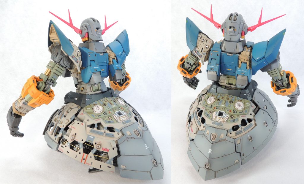ディティール工作は極力行わず、「メカとしての説得力」を塗り分けとマーキングで演出するよう心掛けました。内部フレームは、自作のウォームグレーと本体色を基調としており、ホワイトと金属色は差し色として配置しています。腰の部分については、グレー系ばかりだと単調になると考えたため、MSグリーンを使用して変化を付けてみました。