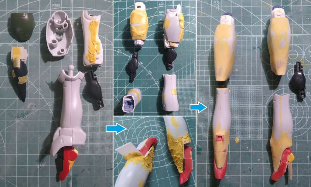 女性らしい脚のラインをどう出すか。ジャンクパーツ遊びをしているうちに、旧キット「1/100 トールギス」の脚を見て“コレだ！”。太腿パーツは、ブレンパワードのスネフレアをくっつけてパテでラインを繋げる。スネパーツは天地逆にして元の膝回りをすっとばし、ゼイドラの足首を立てて接着、ポリパテでラインを整える。ヒールを適当にこさえて、膝の2重関節はHG「ヅダ」からもってきて後ハメ式に加工。