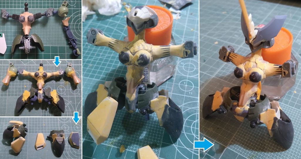 上半身の芯としたのは「ブレンパワード」。そこに「マンロディ」の肩・腕・股関節を結合させて、華奢な胴体に。サイドスカートはマンロディのものを基部に「ガラッゾ」同部位とMG「グフカスタム」の膝当てをくっつけてパテで整形。前後スカートは、旧キット「1/100 サンドロック・カスタム」の同パーツを加工してボールジョイント接続。ストレリチアといえば巨大な肩とそれに伴う異様に広い肩幅が特徴なので、プロポーション取りは最後まで悩みどころでした。