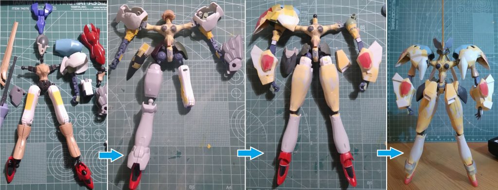 全体の変遷4態。左端の写真は製作初期のもので、使えそうなパーツを吟味している段階。2枚目はゲージとなる肩パーツを合わせてプロポーション確認。だいぶ形になってきた3枚目は一見ストレリチアの特徴的なプロポーションを形成しているようでも、肩幅を広げすぎて歪なバランス。これを修正して、サフ直前に組んだものが右端写真。自立させるときにはそーっと、息を止めながらヒールの接地バランスを取ります(笑)。