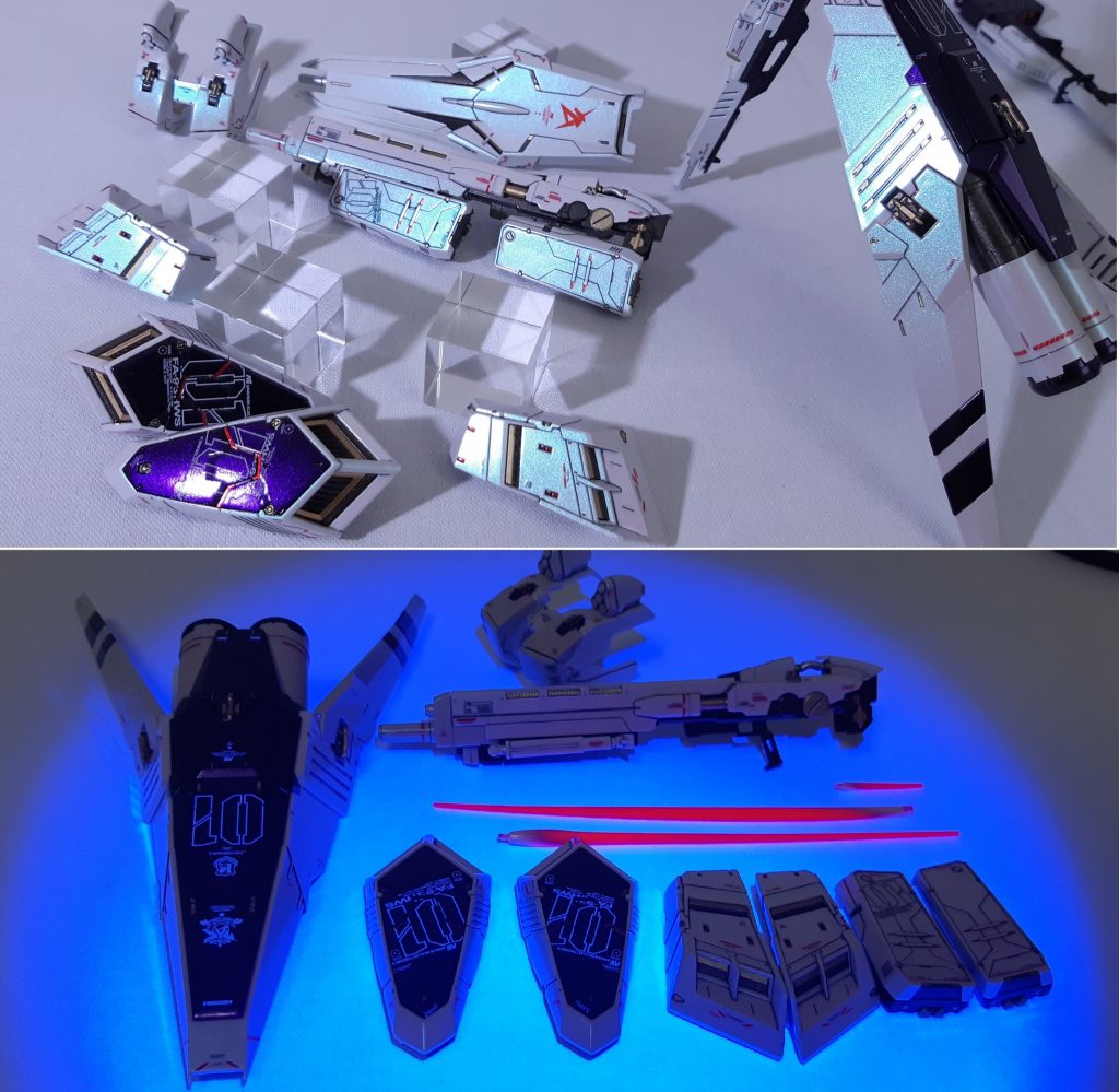 角度調整して光の反射が移る様に撮影HWSパーツとは蓄光デカール使いましたビームサーベルは蛍光ピンク塗装の根元は白でグラデーションしました