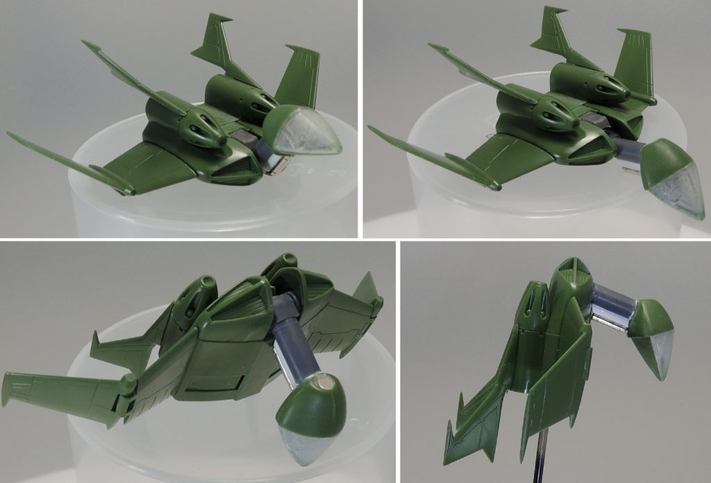 リトル・ドップの変形の過程です。機首の根本の内部にポリキャップを仕込んでおり、機首を約90度回転させることで、変形させることができます。コックピット後方に丸形のネオジム磁石が埋め込んであるのが分かります。