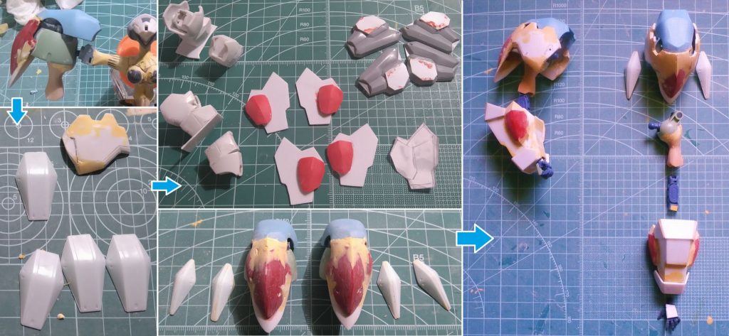 製作にあたって全体のゲージとしたのは、1/100 サンドロックのアンクルガード(※左下写真のポリパテ加工済のパーツ)。これにWAVE製1/100「レッド・ミラージュ」の肩装甲板を左右幅ツメしたもの×4を真鍮線接続。肩装甲自体は、マンロディ＋MG グフカスタムの太腿＋HG「シナンジュ」のスネブースターの組合せ。これは・・・どう見てもシュ●ルター！下腕は当初、サンドロックの肩パーツを使ってみたものの違和感ありまくりでボツに(※写真中央上のグレー色パーツ)。プラ板を切り出して箱組みしたもので納得のいくアウトラインを出したら、中のフレームに「1/144 サンドロック・カスタム」のスネから足首部分を仕込む。六角形の赤いパーツは、HG「ゼイドラ」のふくらはぎから。手首はマンロディほぼそのまま。