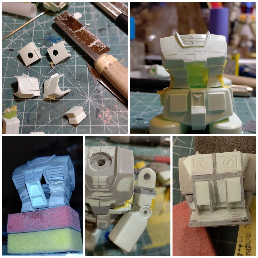 胴体は一旦切り刻んで幅詰め&形状変更天面が曲面になるように、ダクト部分は正面から見たらツリ目、下から見たらタレ目になるように。腹部は上下に延長、エポパテで形状も変更。ランドセルを4分割して設定画の形状になるように接着肩の軸はランナーのカドのL型の部分を使って前に振れるように。