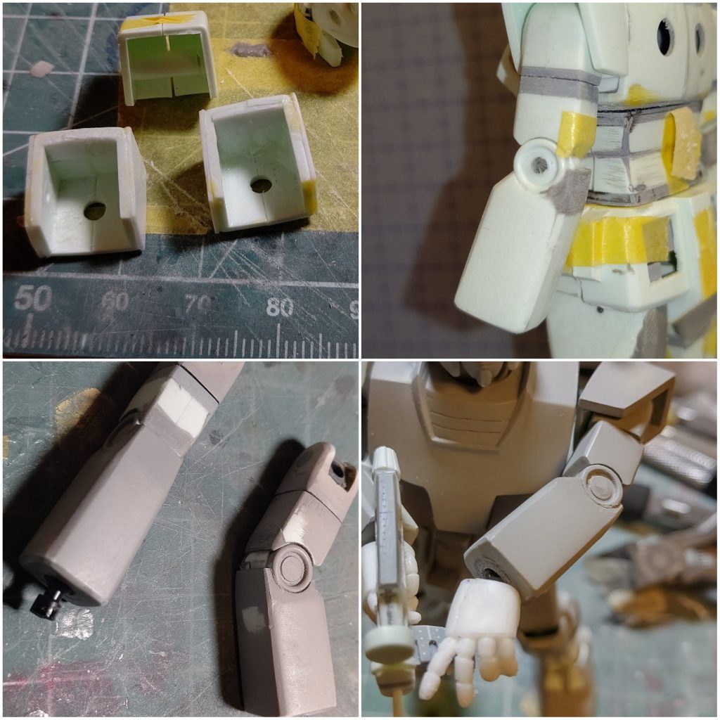 腕部肩アーマーはプラ板で厚み増し。上腕で延長&回転軸追加肘部分をエポパテで設定画の形状に。
