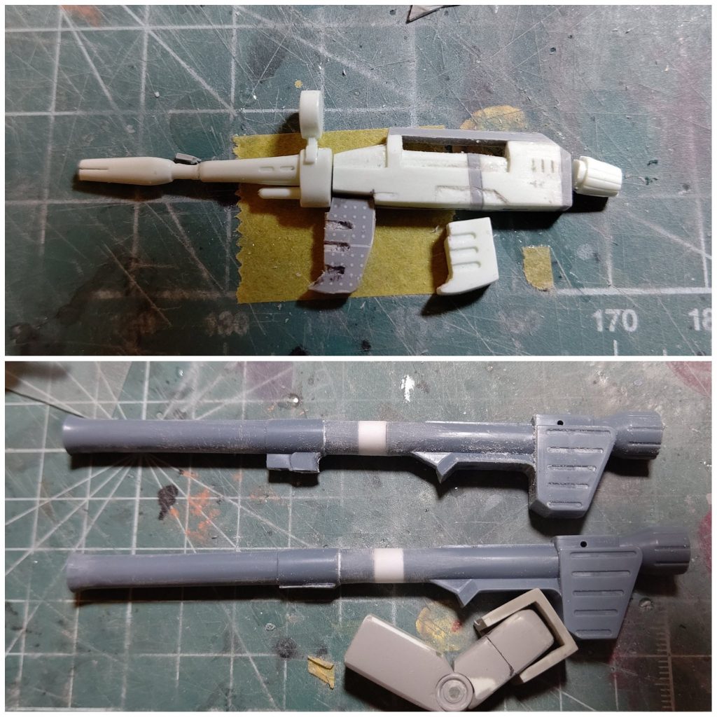 ライフルは2枚におろしてプラ板で厚みを増して、分割してプラ板挟んで大型化。バズーカはプラパイプで延長して担げるようにしました。