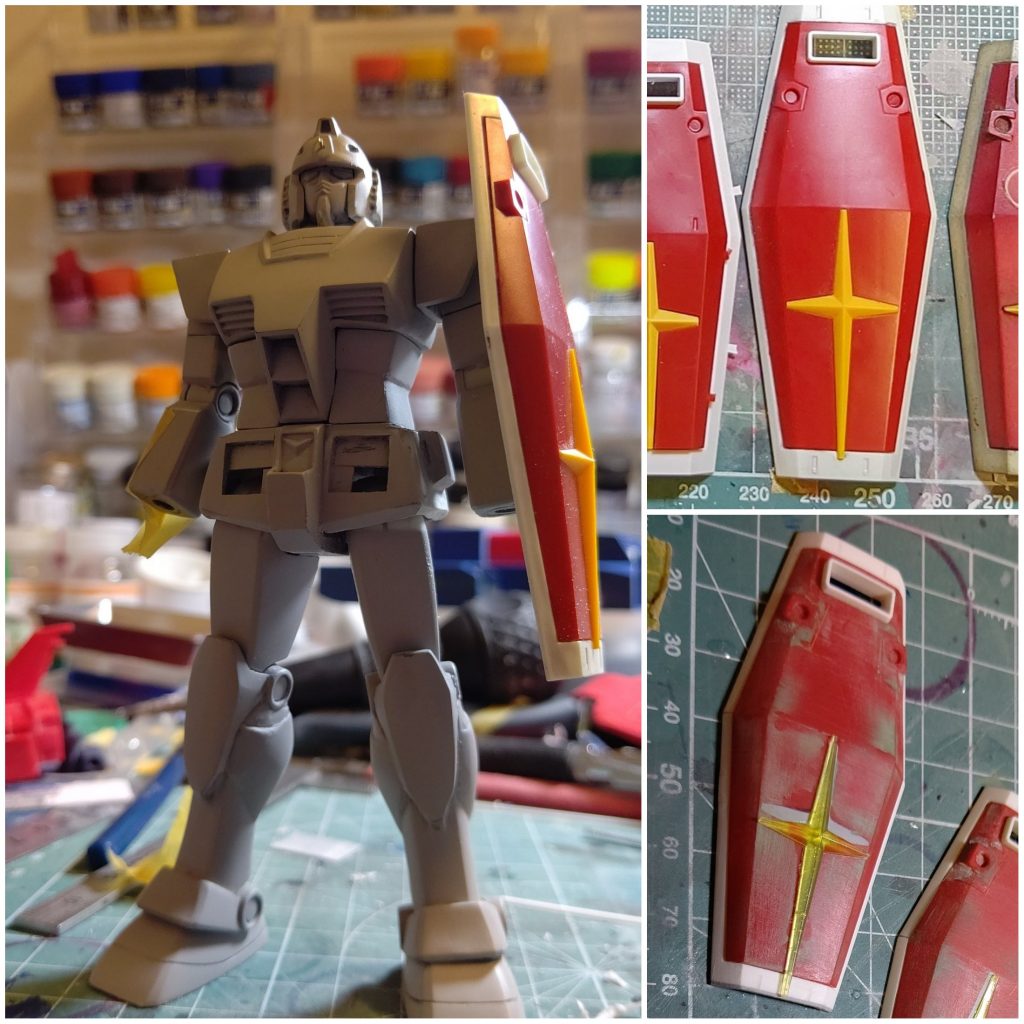 シールドはキットのままだと小さ過ぎてGアーマーのフォルムが決まらないので(さらにGブルはシールドの大きさ大事w)全体的に曲面のHGUCリバイブから流用(←ここでついに他キット流用しない縛りを破るw)形状はいいけどデカ過ぎるので切り刻んで小型化。