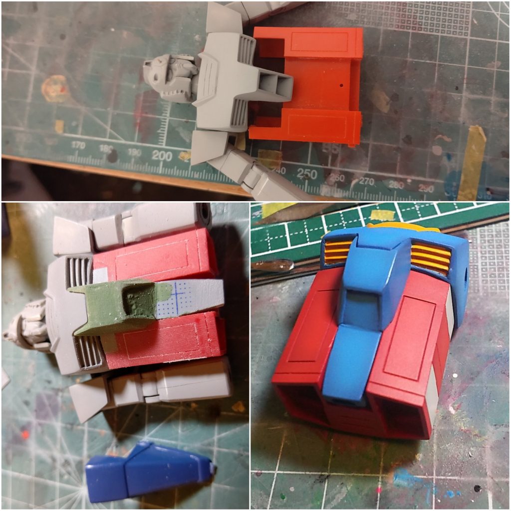 Gブルのコアブロックが元々大きい上にガンダムの上半身小型化してあまりにも合わないので真ん中で幅詰め。コックピットブロックが入らななくなったけど、そもそも形状が不思議なので設定の形状でプラ板で新造しました。