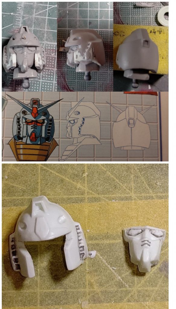 頭部はマスク切り離して整形、耳ダクトがディテール溶けてるので彫りなおし。ヘルメット下部はおかっぱみたいにまっすぐなので、設定画に寄せてエポパテで修正。