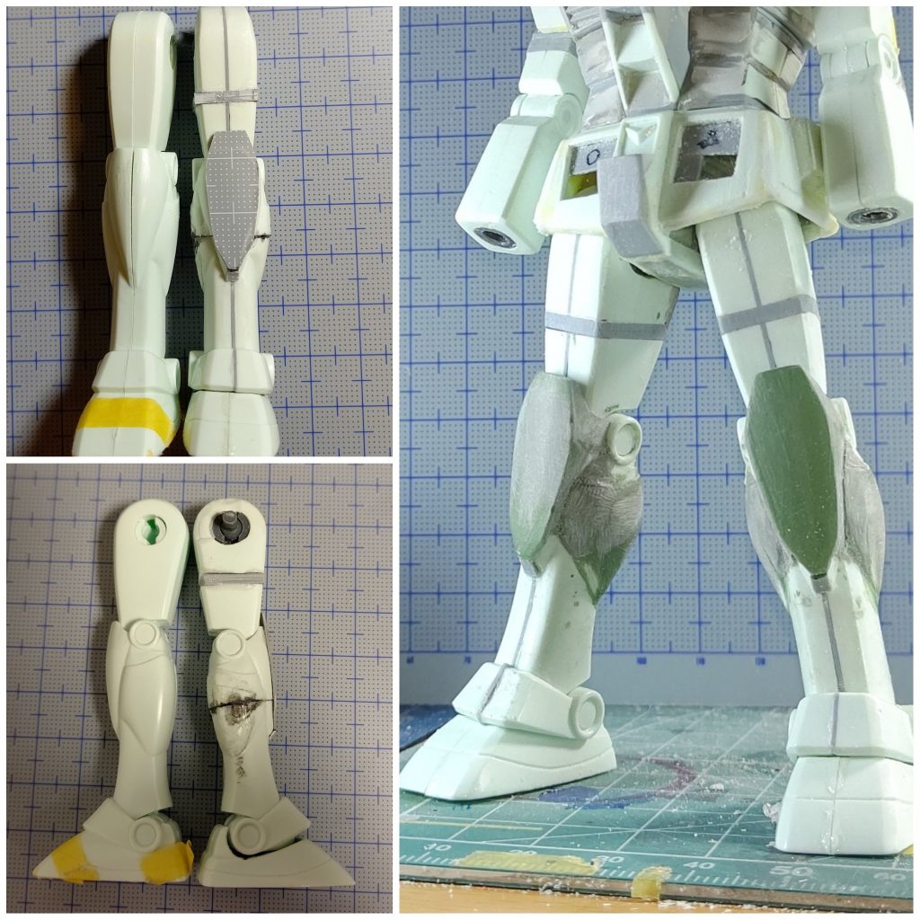 脚部は1㎜幅増し太ももで2㎜延長。ふくらはぎで2㎜短縮。のちにスネで1㎜延長ヒザアーマーはプラ板を貼って、ふくらはぎと共にエポパテで成型。フンドシ部分をプラ板で角度変更。ヘリウムコアは切り離してプラ板で厚み増。のちに前のみ外側と下にもプラ板で大型化