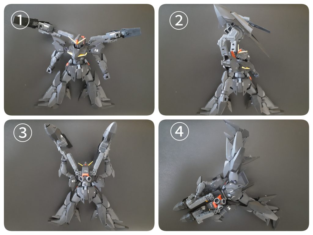 変形プロセスです。①脚部を外向きに90°回転、バインダーアーム展開②胴体と頭部をそれぞれ180°回転③両腕を上方へ上げ、肩アーマーを下げる(開く)④膝アーマーと肩アーマーを接続、腕を畳んで、バインダーで上体を覆って変形完了