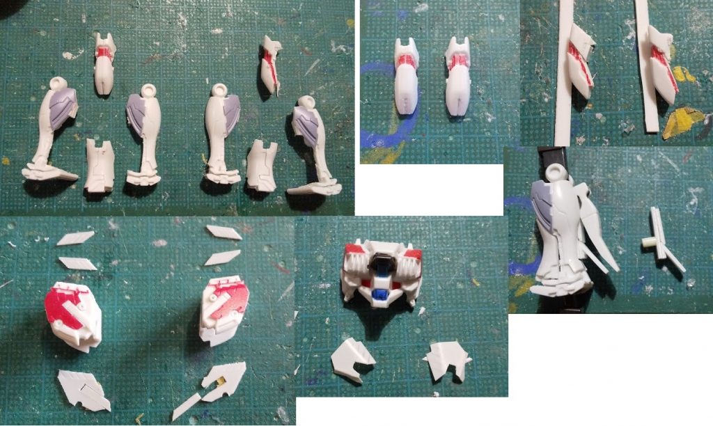 左上から・脛と膝アーマーは分割して合わせ目消し。・膝アーマーを削って下膨れ感を解消。スリムに・切って貼って削って形状を修正左下・肩前面と上部のサイコフレームはプラバンで新造。鋭角的に・胸部は薄いプラバンを曲げて造形・フクラハギスタピライザー内にはこんな感じのものをかましてます