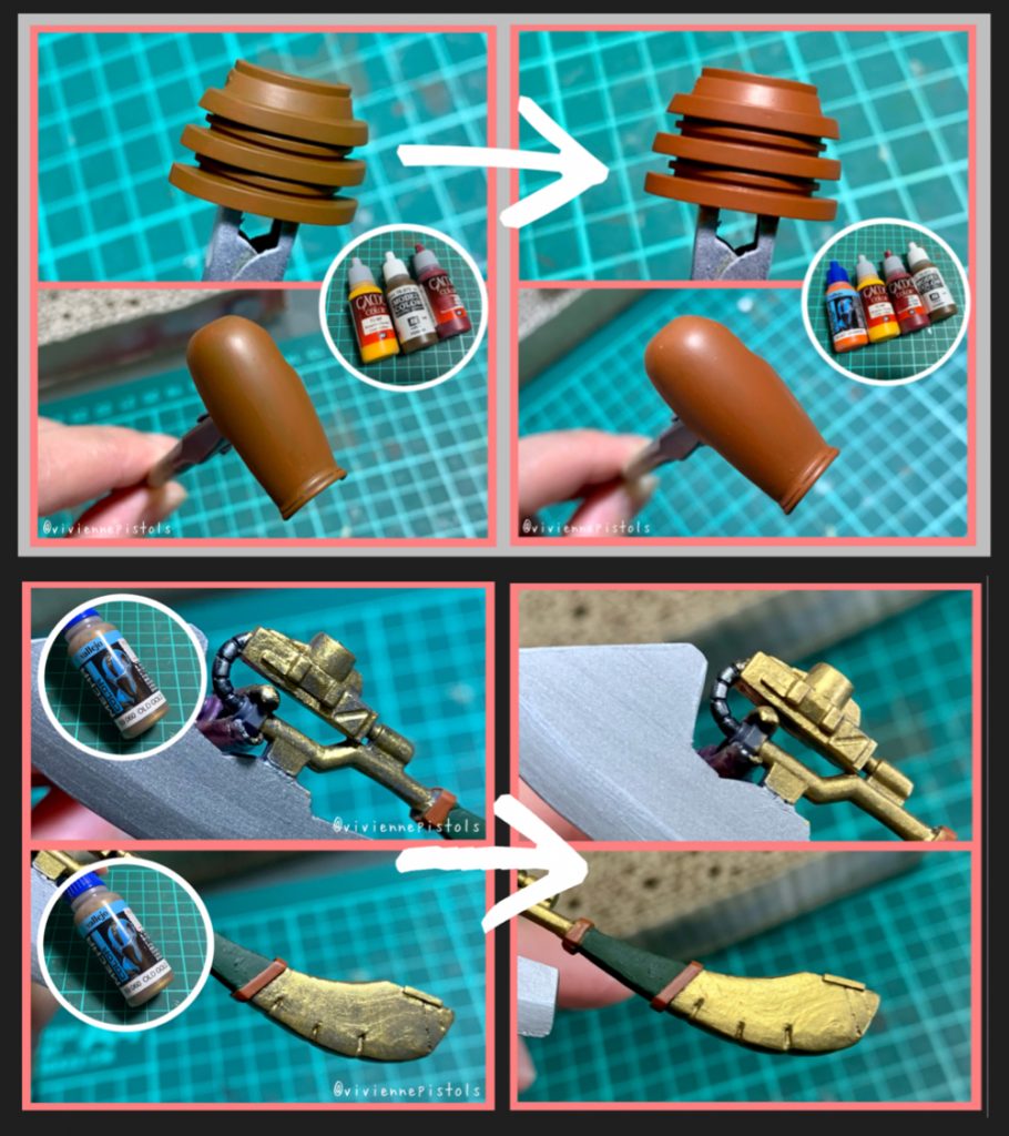 ザビカラーは調色をしています。中々思った色を出さず苦戦しました。ゴールドの塗装も隠蔽力が低かったのもありかなり大変でした。