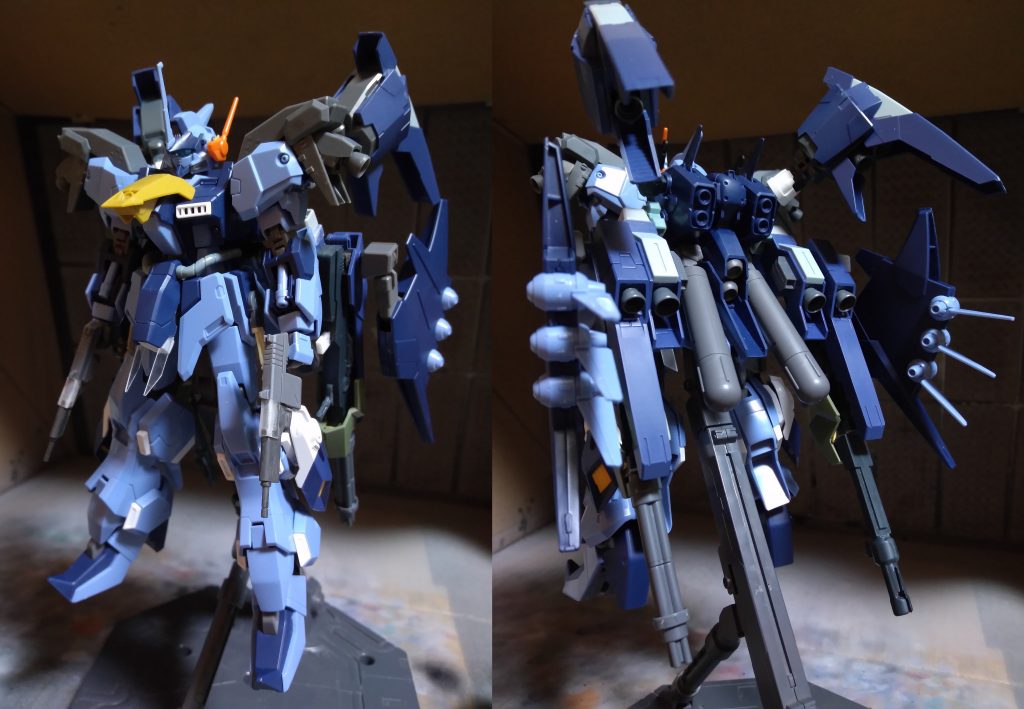 大まかな加工が終わった状態です。何故か珍しく過積載な感じになりました。どうしてこうなった…自立出来ない機体のポージングですごい面倒なんですね…。