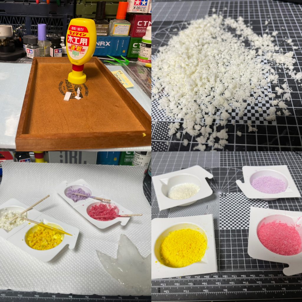 台座。妹蘭のお墓は主にプラ板で。色は花畑と被らないように一色で。漫画だと色わからないので。百均の木製トレーにスタイロフォームはめ込んでます。ジオラマスポンジに色付けて乾燥後ハサミでチョキチョキ刻んでからボンドビタビタのベースにまぶしてます。