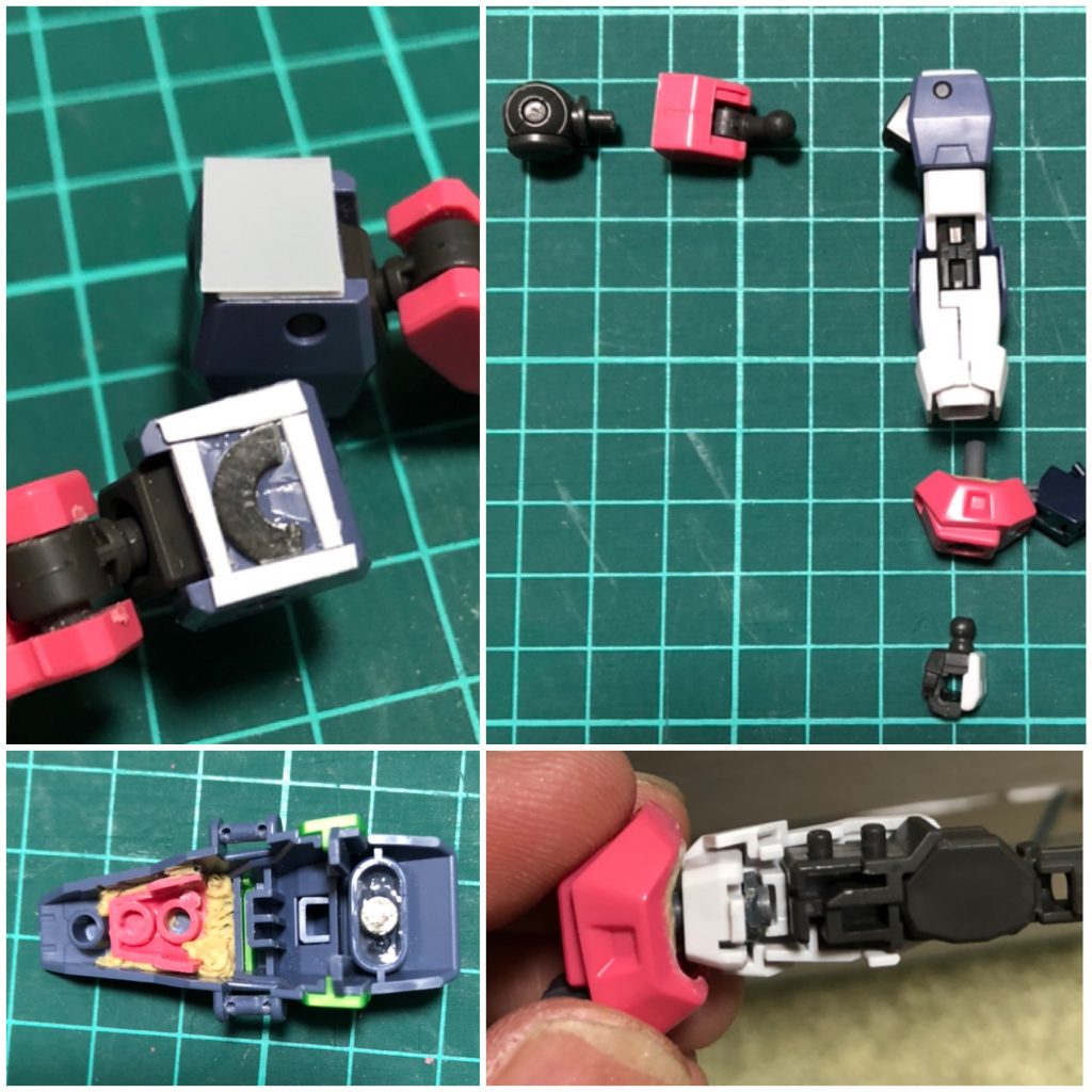 肩アーマーはネオジム磁石接続。肩パーツに真っ二つにしたワッシャーを貼ってプラ板でフタしてます。肩アーマーの穴に磁石がハマったのでＵＶレジンで固めました右のは腕の分割。手首はイージスのものを切り飛ばしてパテで埋めて軸を追加。元々の手首のボールジョイントを生かすために内側に薄く切ったポリキャップを無理やり埋め込んでイージスの手首が固定できるようにしました。肩アーマーのピンク部分は変形時に手首パーツが刺さるように受けを追加しています
