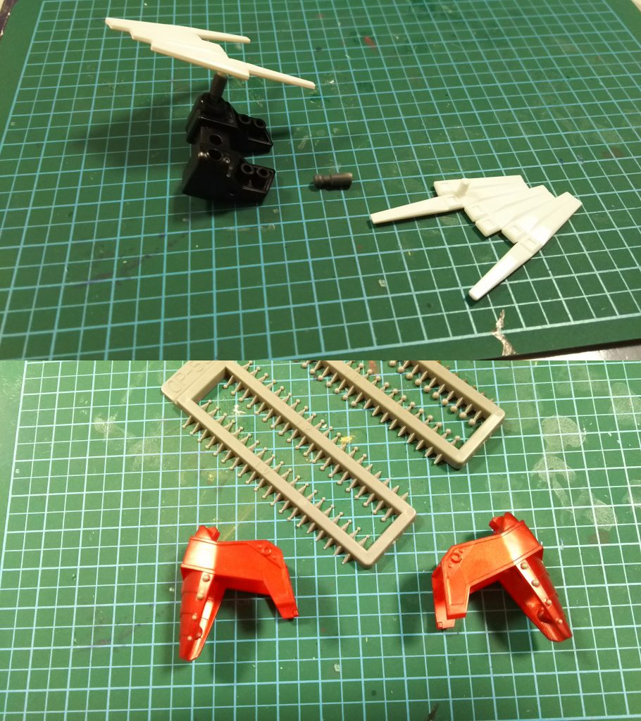 仁宇であれば3x2のダブルフィンファンネルでなく6x2のツインファンネル。ムシャνガンダム(実は疾風の仁宇)より持ってくることとしました。軸径調整のため間に挟んだジョイント軸により地味にボールジョイント化で若干の角度付けが可能となっています。鎧の鋲にリベットパーツを追加。