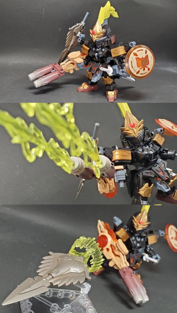 オデンアームズは分解することで ツインキャノン「バンブリング」 バスターシルド「エビルリッカー」 シールド「ホワイトラディッシュ」 という三種の武器となる。