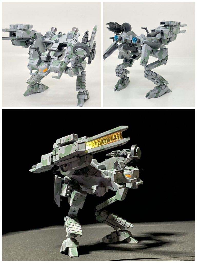 メタルコア単体です。SDニューのアーマーが無い方がそれっぽく見えるかな。機体右側にレールガン、左側にレドーム、脚部にミサイルポッド、股間にガトリング砲を装備。レドームが弱点です。BB戦士387のνガンダム付属のベースジャバーにHGBCガンプラバトルアームアームズやボールデンアームアームズ、フェイクニューウェポン&アーマー、その他ジャンク、一部30MMのオプションパーツ、一部プラ板箱組などで作成しました。レールガンにはミライトを仕込んで簡易電飾化してます。