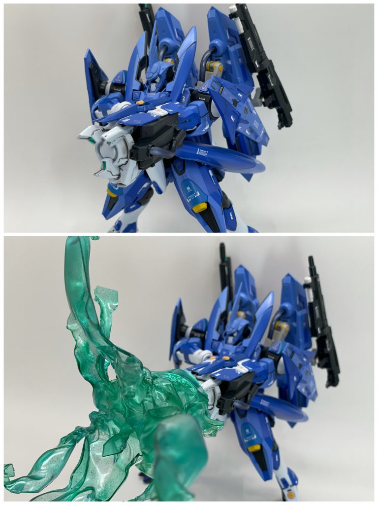 アクションイメージ的にはこんな感じに……プラ板炙って見掛けだけでもと作製しましたが、どこかのブラックトリガーの風刃になってしまわれました( ̄▽ ̄;)