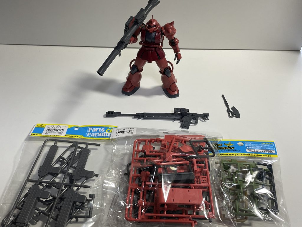 使用したのはHGシャア専用オリジンザク、そしてイエローサブマリンでかき集めたHGMSVザクハーフキャノンのみです。元のシャアザクの印象からだいぶ変えれて満足です。ここまでご覧いただき誠にありがとうございました。