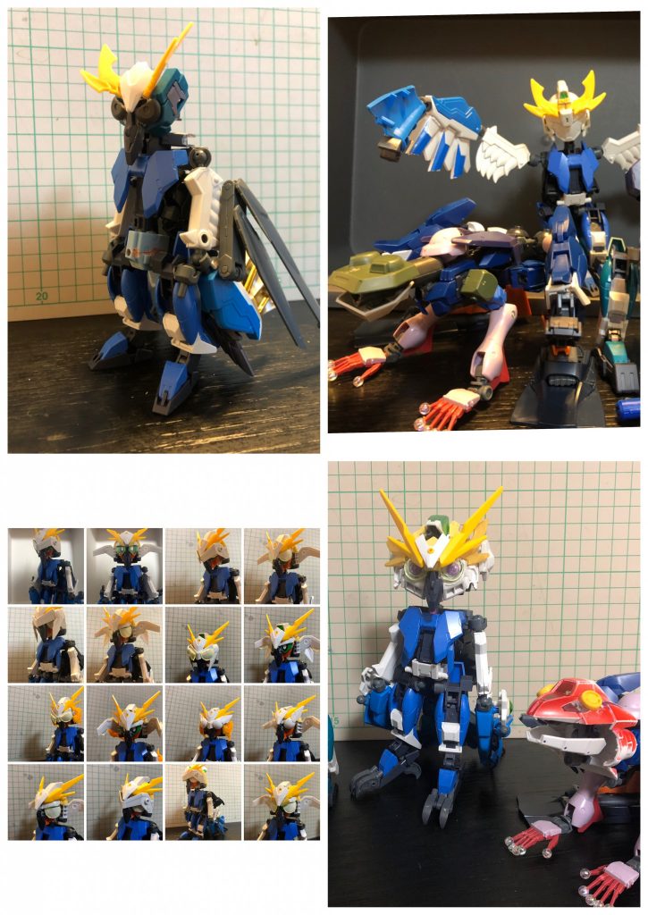 今回も制作工程載せときます。全体的に形は初期の段階でほぼ完成しているのですが…今回頭部に関しては本当に苦労しました。写真左上、まずフクロウに見えないw写真右上、この時点では顔が小さすぎて違和感が…というのに気がついた感じですね。ジライヤもカエル頭が現在とだいぶ違います。写真左下、普段はバイザーに隠された目が露出することで能力を発動!とか考えていた頃ですね…とにかくいろんなパターンを作ってみるも納得いくものができず。写真右下、おおよそミキシングが完了したあたりですね。目は直前までこのタイプでしたが、しっくりこなかったので急遽変更しました。実はカエルもゴリラもフクロウも、ミキシング自体は3体とも同時期に完成していたという。塗装に持っていくまでが長いんですよねいつも…。納得できないと延々ミキシングしてるの悪い癖。…とまあ、随分かかりましたが、完成までたどり着けて良かった。