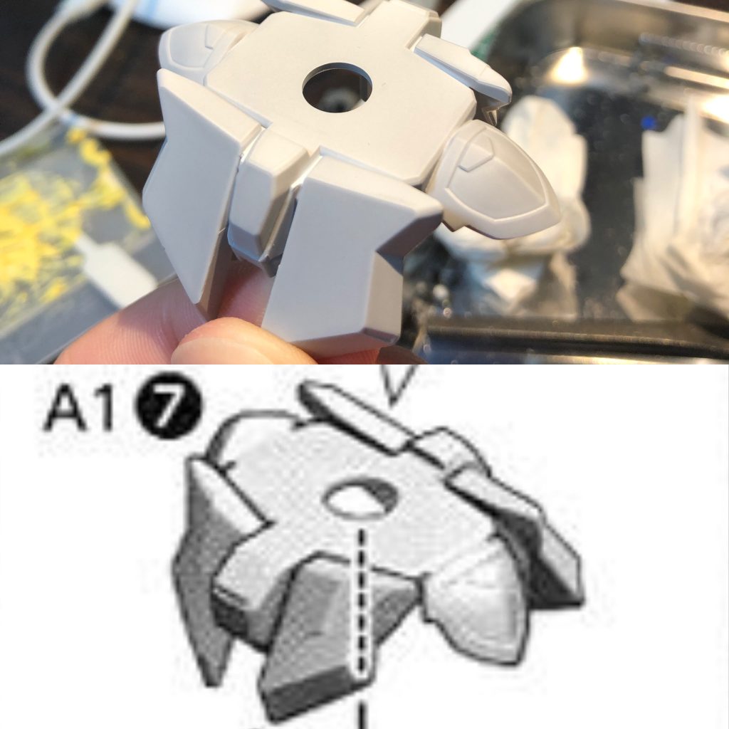 足を広く可動できるように腰のサイドアーマーも切断して角度を広げて接着しています。