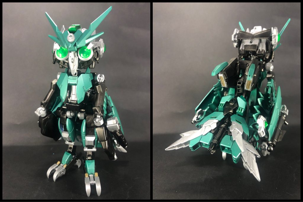 フクロウ型MA・ハットリコアガンダム・ハヤテが使役するフクロウ型のMA。他の2体同様AIを搭載し、無邪気な性格で少年の様な声色で喋るタイプ(CV.梶裕貴、メリオダスみたいな感じ)。フクロウよろしく語頭や語尾に「ホウ、ホー」などが付いてしまうが、それがサルトビの「ウホッ」と少し似ているのを気にしている。疾風流忍術の基本理念「心技体」を司る3体のMAのうち、心を担当する。武器は脚部の爪と、翼と頭部に付いているビーム手裏剣×4。MA3体のうち唯一飛行可能であり、最も汎用性が高そうなのだが…?(後述)ハットリという名前は、有名な忍者である服部半蔵から取っている。*何故フクロウなのか?A. フクロウといえば夜の暗闇のなかで獲物を仕留める、いわば闇のハンター。鷹とか猛禽類にしようとも考えたのですが、作って面白そうなのはフクロウかなぁ、と。*フクロウと忍者の関係は?A.夜の闇に紛れて狩りをするフクロウが、私のイメージする忍者に近いと思ったので、モチーフとして採用しました。森の忍者とも呼ばれるみたいですね、フクロウ。まさに忍者にピッタリ!*今回のこだわりポイントは?A.ズバリ、顔ですね。カッコカワイイを目指しつつ、リアルなフクロウの顔に近づけるようミキシングしました。全体のバランスも良く纏めることが出来たと思っています。では前回同様、ハットリ君本人に解説してもらいましょう!ハットリ「ホホウ、オッケー!まかせるホー!」