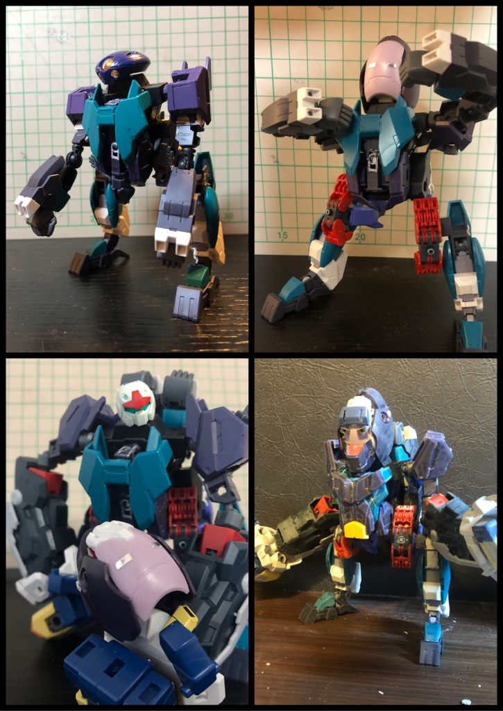 今回の制作過程です。塗装前だと材料がわかりやすいかもですね。左上①なんとなくゴリラっぽい形に組んでみようと思ったらすんなりそれっぽく。右上②頭をゴリラっぽく改修。左下③腕が貧弱だったので思い切って巨大化！中の人の頭もガンキャノンに決定。右下④サフ前。胸板を分厚く改修して大体完成。