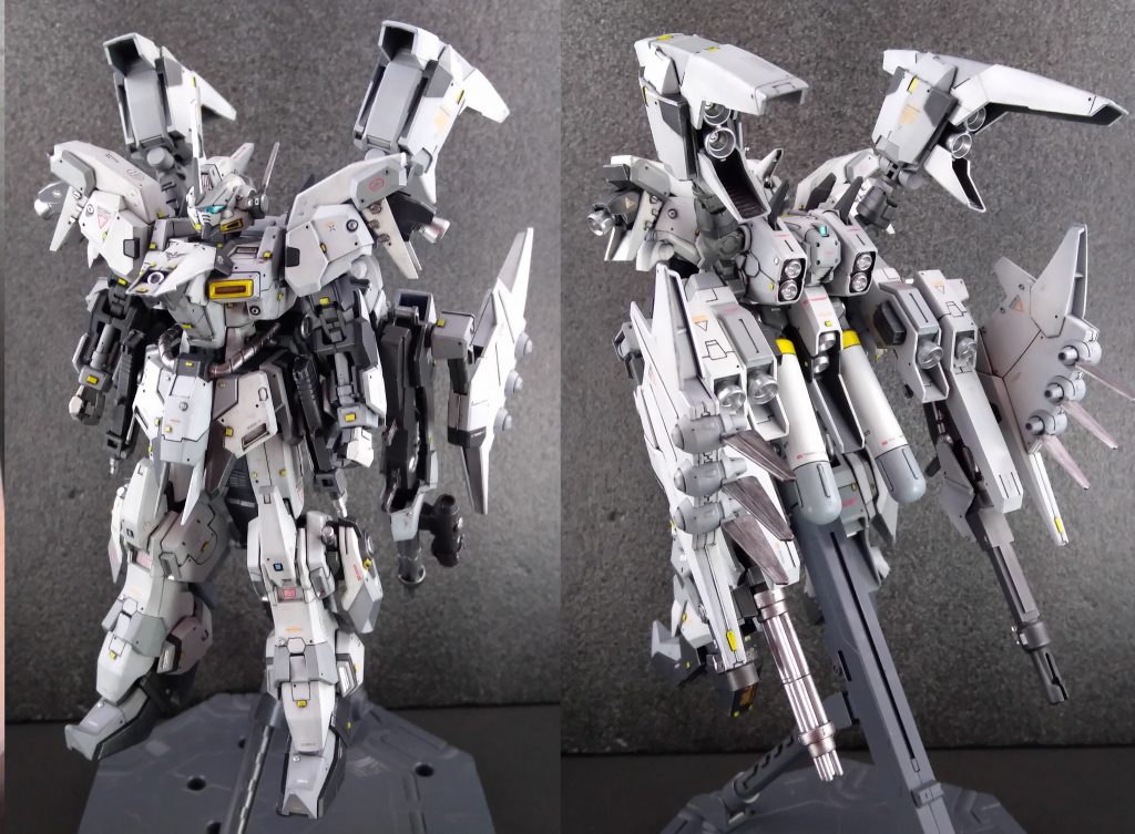 前面と背面です。てんこ盛りって感じです。ショートライフル、ビームスマートガン、ガトリング、ビームサーベル、どの武器使う時も他の武器はマウントしておく事が可能となってます。