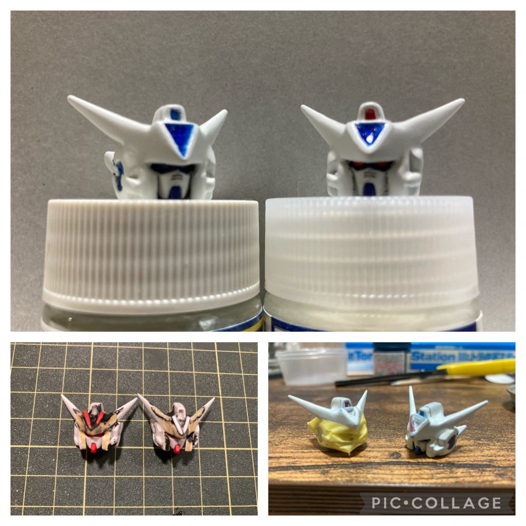 頭部です。EXAMを再現するためだけに2つ作りました‼️というのも文字だけでEXAM搭載してますと言っても説得力がないですし、かと言ってEXAM頭部だけ作ると通常形態が再現できないしと色々悩んだ結果、2個出来ました。見にくいですが、通常形態の目は青色です。ガンダムマーカーでやったのが悪かったのかな…Oガンダムの頭部をベースにリボーンズのアンテナを取り付け、違和感を消すためにパテで盛りました。頬のコンデンサーはヤスリで削りすぎてヤバいと焦っていた時に偶然思いついたので付けてみました。本来は予定にはなかったのですが、カッコよさが増したので結果オーライです‼️額部分はOO機体の様にクリアにしようとしてレジン用に枠を作ったのですが、完全に囲めてなかったため溢れ出て1からやり直しという事態になりました(泣)塗装も全部終わってあと一歩で完成というところで起きた事件なのでショックは大きかったです。本当はもっと早くに完成したはずですが、これのせいで完成が遅れることに…完成品を見た人ならわかると思いますが、EXAMヘッドの赤目は蛍光塗料で塗っているのでブラックライトでしっかり光ります。こだわりポイントその2です( *¯ ꒳¯*)