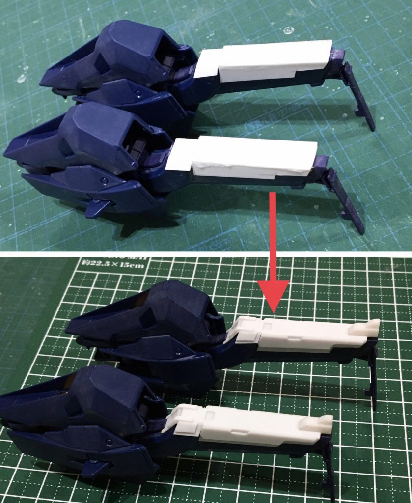 今回の製作ポイントは一つ。脚部のモナカ割りを隠す目的で脛当てを作製しています。