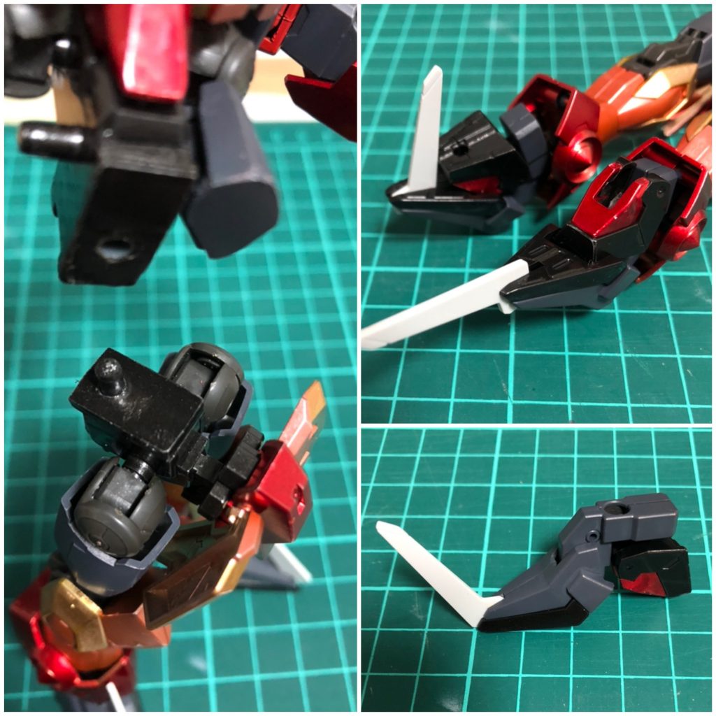 写真ではあまり分かりませんが胴を切って腰が回るように軸を仕込んでいます。お腹まわりは腰のスラスターを装着するパーツに腹パーツを貼り付けていますつま先はイージスのものを削ってイージスナイトのパーツにハマるように加工。かかとはイージスナイトのつま先を使ったので強襲携帯時にビーム刃も取付けられます