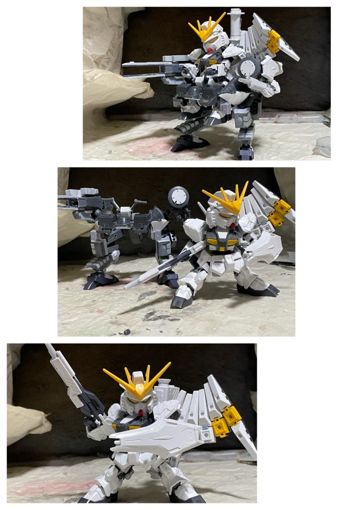 あまり過程の写真を撮ってませんでした。SDνガンダムのパーツは主にBB戦士387のνガンダムを使用してます。頭部はSDEX、バックパックはフェイクニューです。武器は、ライフルの前半部はフェイクニューウェポンズのライフルを加工して使用。シールド、パイパーバズーカ、ファンネル、ライフルの後半部はBB戦士387を使用してます。バズーカには銃身の伸縮とグリップの可動化を追加。フィンファンネルは切り離して6機全てを可動化してます。